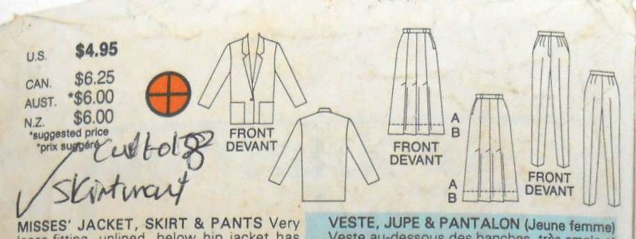 BUTTERICK 3697 JACKET-SKIRT-PANTS SIZE 12-14-16 COMPLETE-CUT TO 16