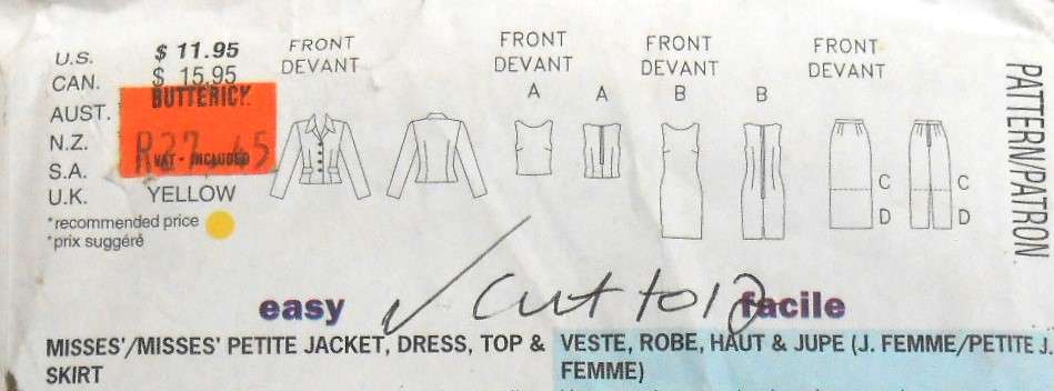 BUTTERICK 5002 JACKET-DRESS-TOP & SKIRT SIZE 12-14-16 COMPLETE-PART CUT TO 12