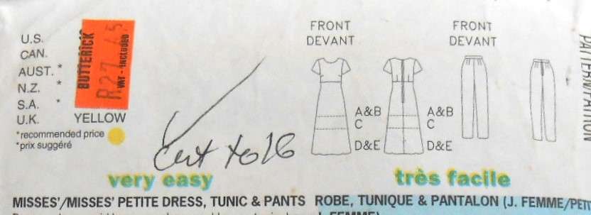 BUTTERICK 5044 DRESS-TUNIC-PANTS SIZE 12-14-16 CULOTTES CUT TO 16