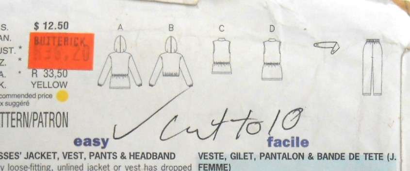 BUTTERICK 6773 JACKET-WAISTCOAT-PANTS-HEADBAND SIZE 6-8-10 COMPLETE-CUT TO 10