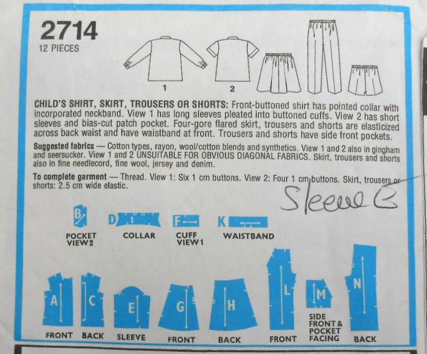 STYLE 2714 TODDLERS SKIRT-SHIRT-PANTS-SHORTS SIZE 2 YEARS CHEST 53 CM - THE SLEEVE E IS NOT SUPPLIED