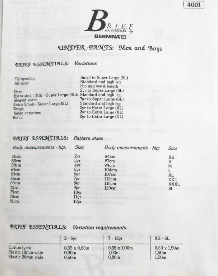 BERNINA BRIEF ESSENTIALS 4001 UNDERPANTS-MEN & BOYS SIZES XS-SL (84 - 120 CM) 2-12 YRS (50-81 CM)