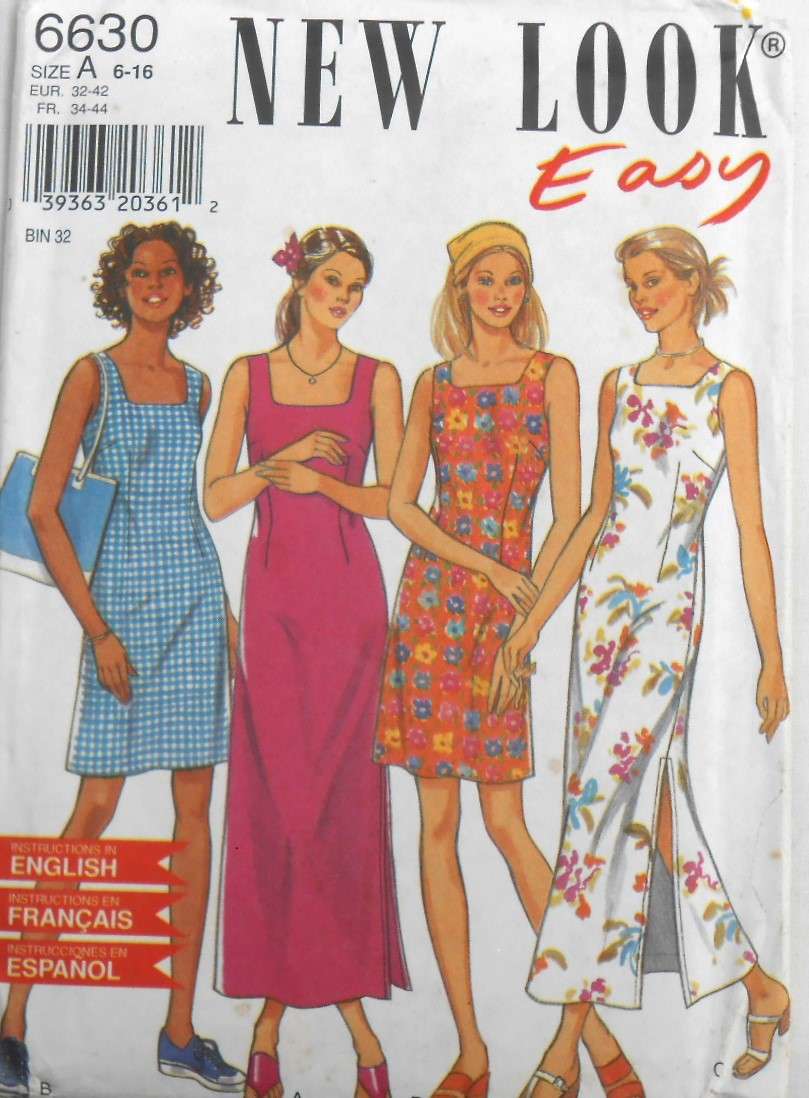 NEW LOOK PATTERNS 6630 SQUARE NECK DRESSES SIZE 6-16 COMPLETE-CUT TO 12