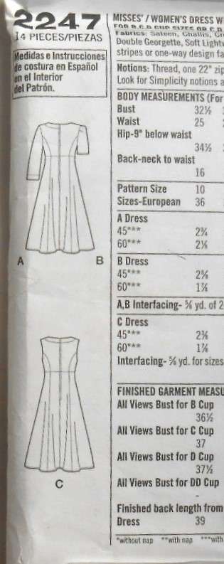 SIMPLICITY 2247 WOMANS DRESS FOR CUPS B-C-D SIZE 10-18 COMPLETE-UNCUT-F/FOLDED