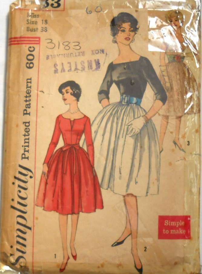 VINTAGE SIMPLICITY 3183 WOMANS DRESS & TIE BELT SIZE 18 BUST 38 -THE TIEBELT PATTERN IS NOT SUPPLIED
