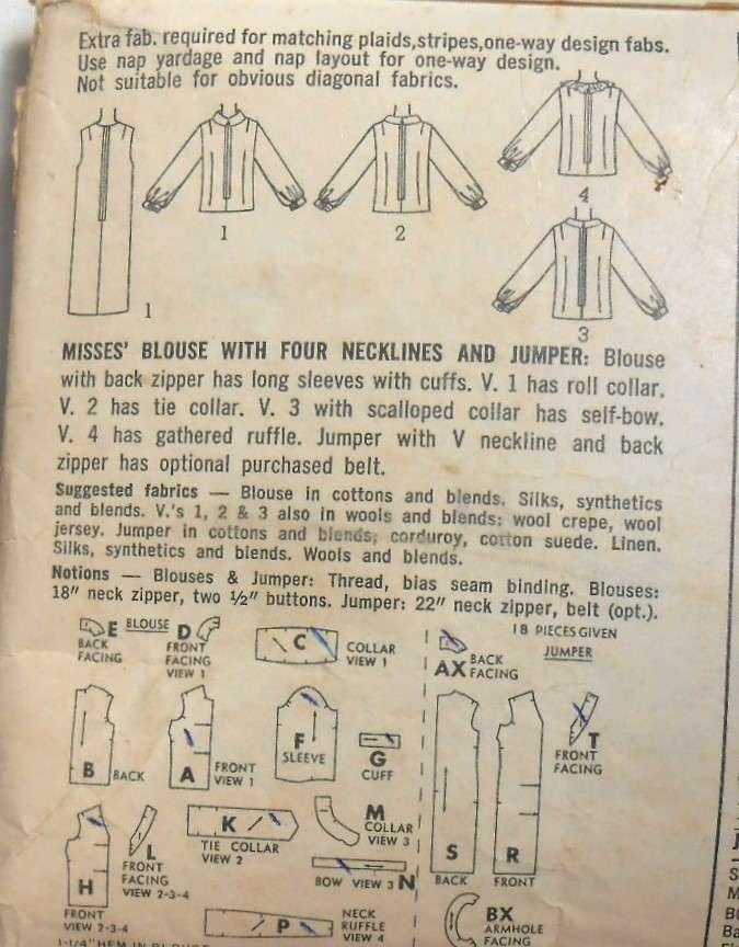 VINTAGE SIMPLICITY 6276 BLOUSE WITH 4 NECKLINES & PINAFORE SIZE 16 BUST 36 - SEE LISTING