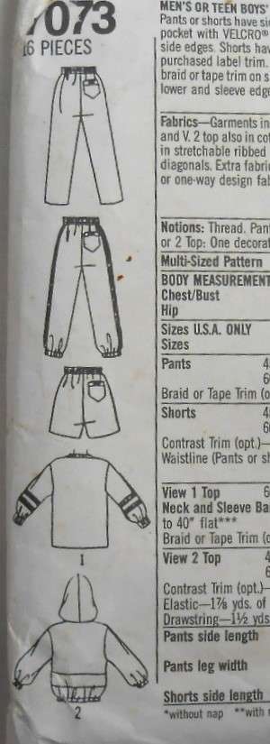 SIMPLICITY 7073 MENS TRACKSUIT PULL ON SHORTS-PANTS-PULLOVER TOP-HOODIE SIZE SIZE XS-XL CUT M 38-40