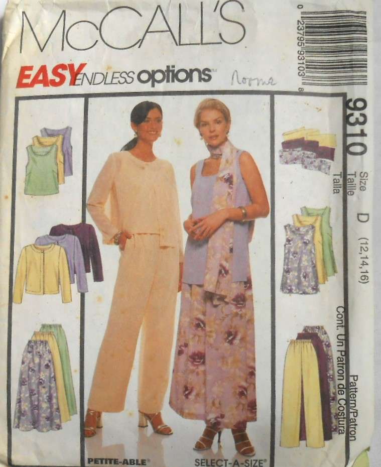 McCALLS 9310 UNLINED JACKET-TOP-PULL ON PANTS-SKIRT-SCARF SIZE 12-14-16 COMPLETE-CUT TO 16