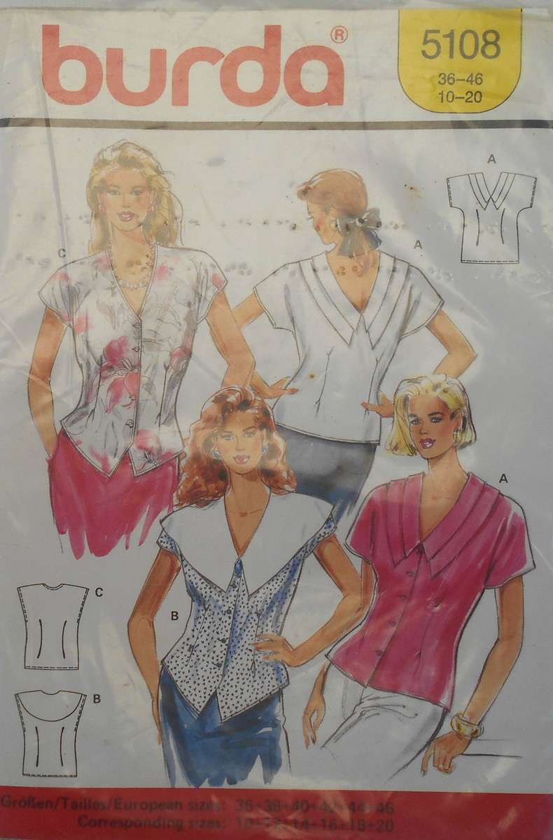 BURDA 5108 FRONT OR BACK TO FRONT TOPS SIZE 10-20-COMPLETE -UNCUT-F/FOLDED