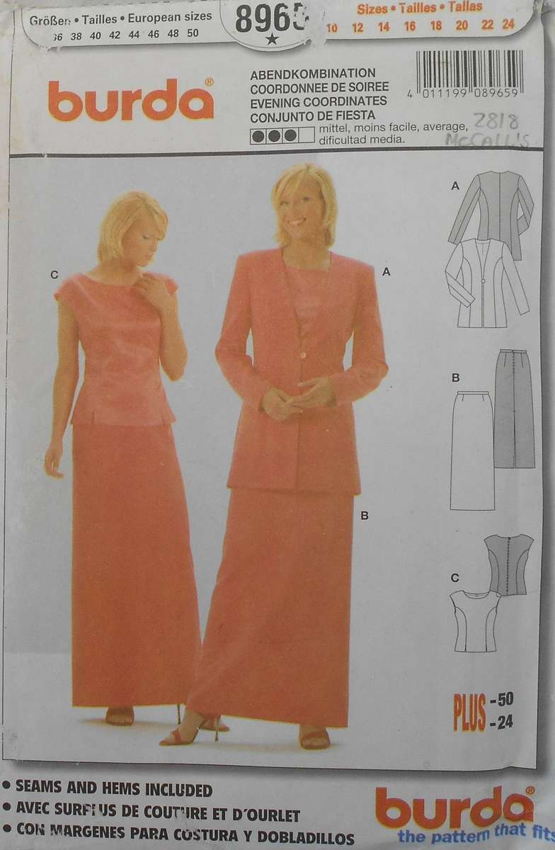 BURDA 8965 PANELED TOP-SKIRT WITH LONG JACKET SIZE 10-24-COMPLETE -UNCUT-F/FOLDED