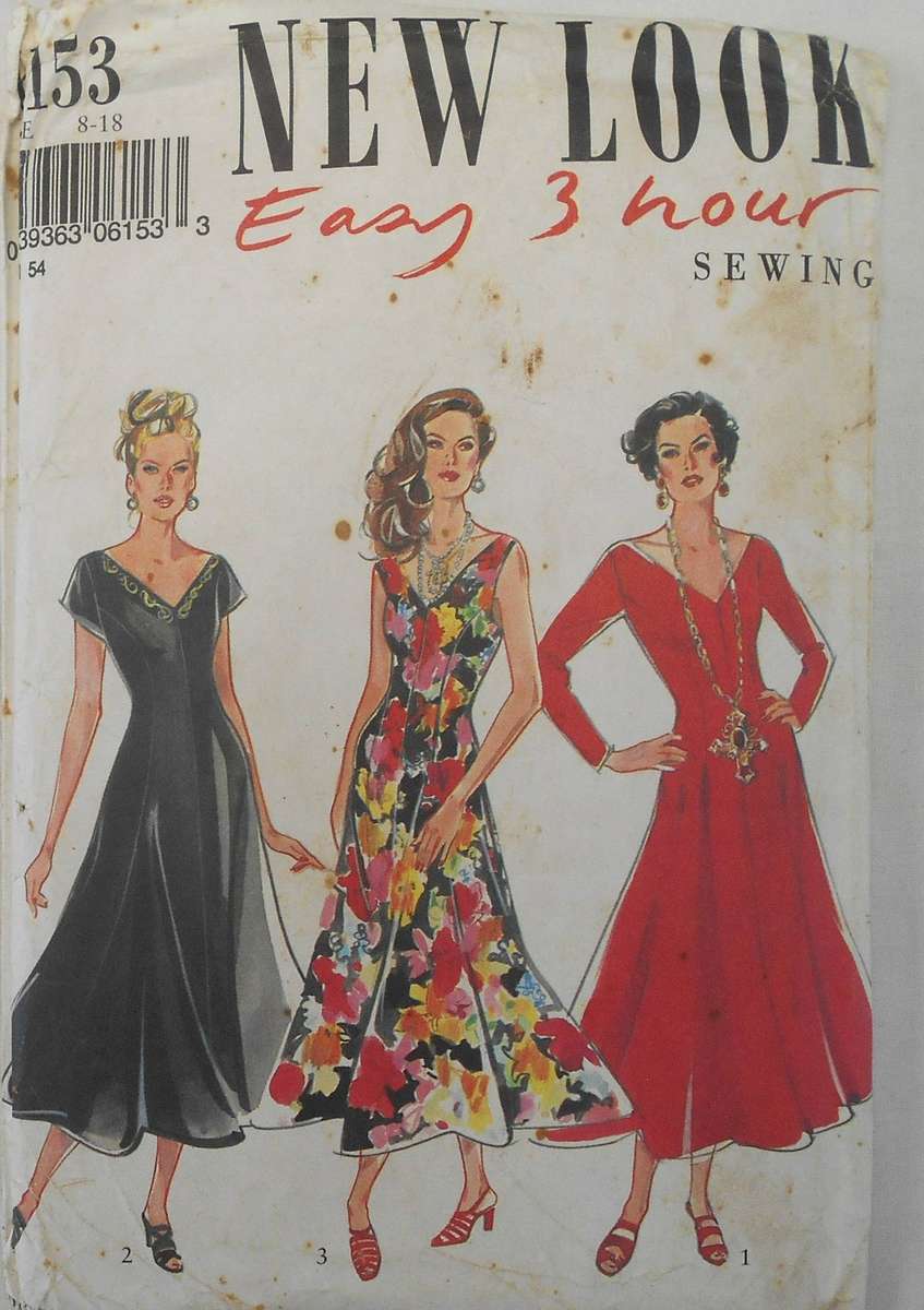 NEW LOOK PATTERNS 6153 V NECK DRESS WITH SLEEVE VARIATIONS SIZE 8-18-COMPLETE-UNCUT-F/FOLDED