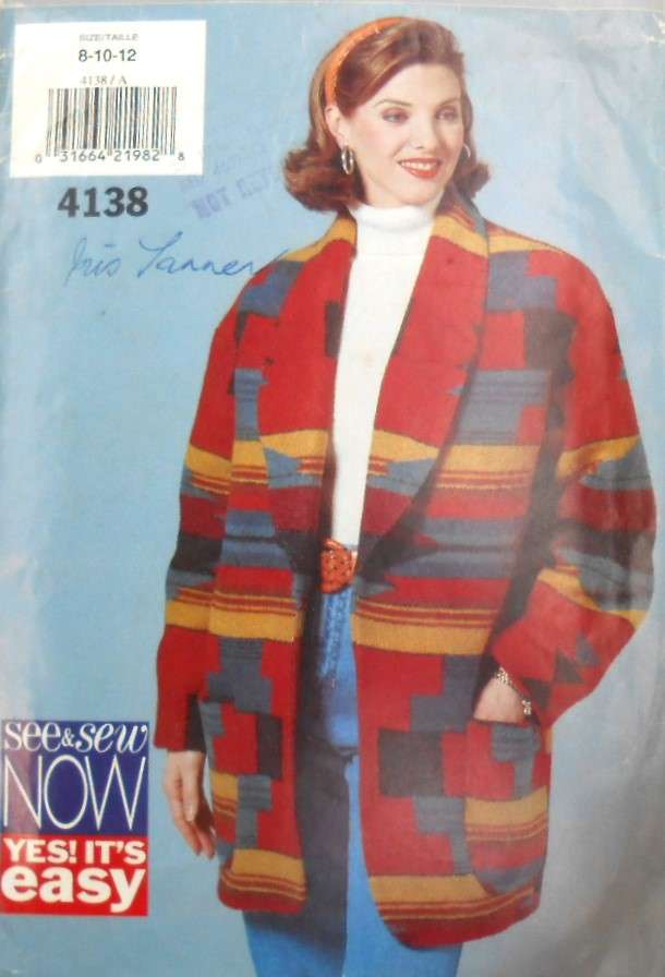 BUTTERICK 4138 VERY LOOSE-FITTING LINED JACKET SIZE 8-10-12 COMPLETE CUT TO 12