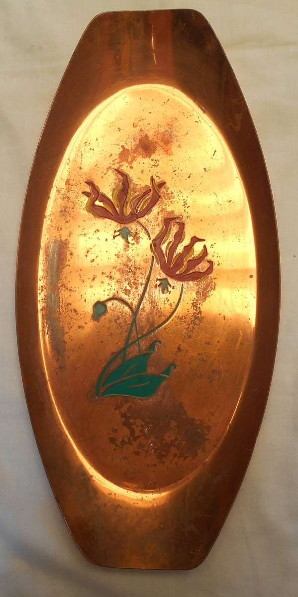 Vintage Oval Copper Tray decorated with Flame Lilies made in Rhodesia