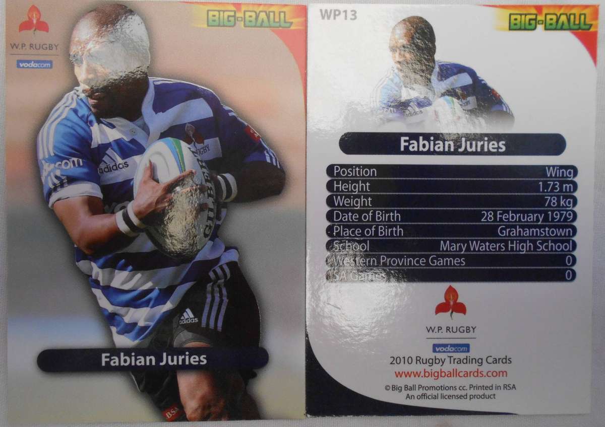 FABIAN JURIES - WESTERN PROVINCE 2010 BIG BALL RUGBY TRADING CARDS # WP 13