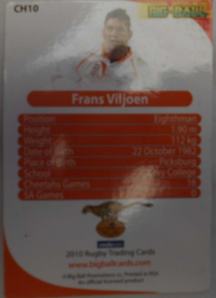 FRANS VIJOEN FREE STATE 2010 BIG BALL RUGBY TRADING CARDS # CH 10