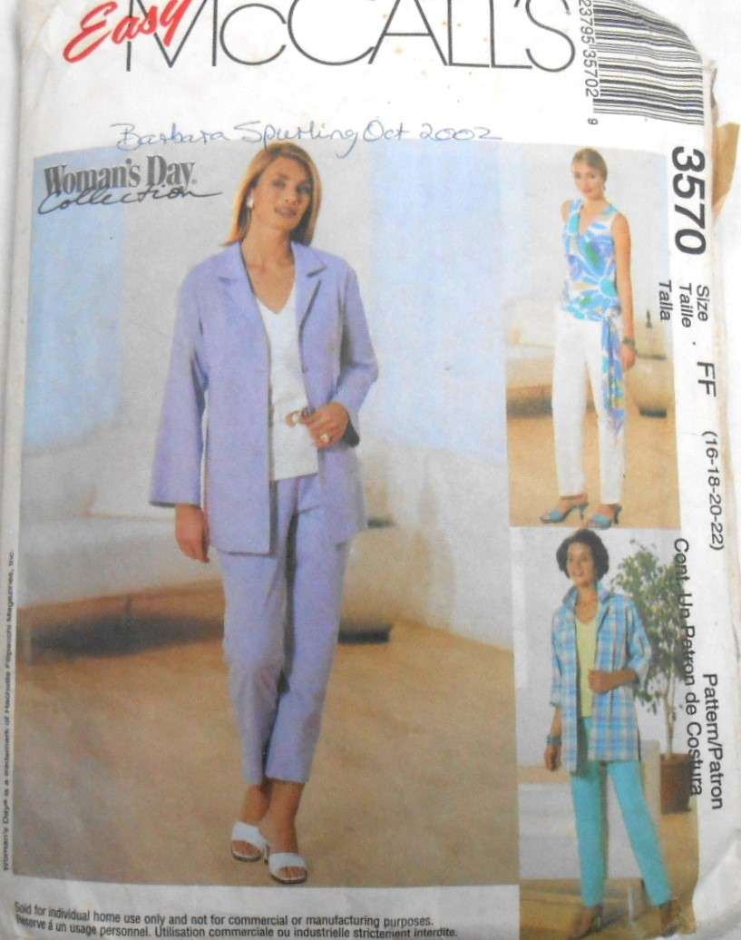 McCALLS 3570 TOP-SASH-PANTS & CAPRI PANTS SIZE 16-18-20-22-CUT TO 22 NO JACKET SUPPLIED
