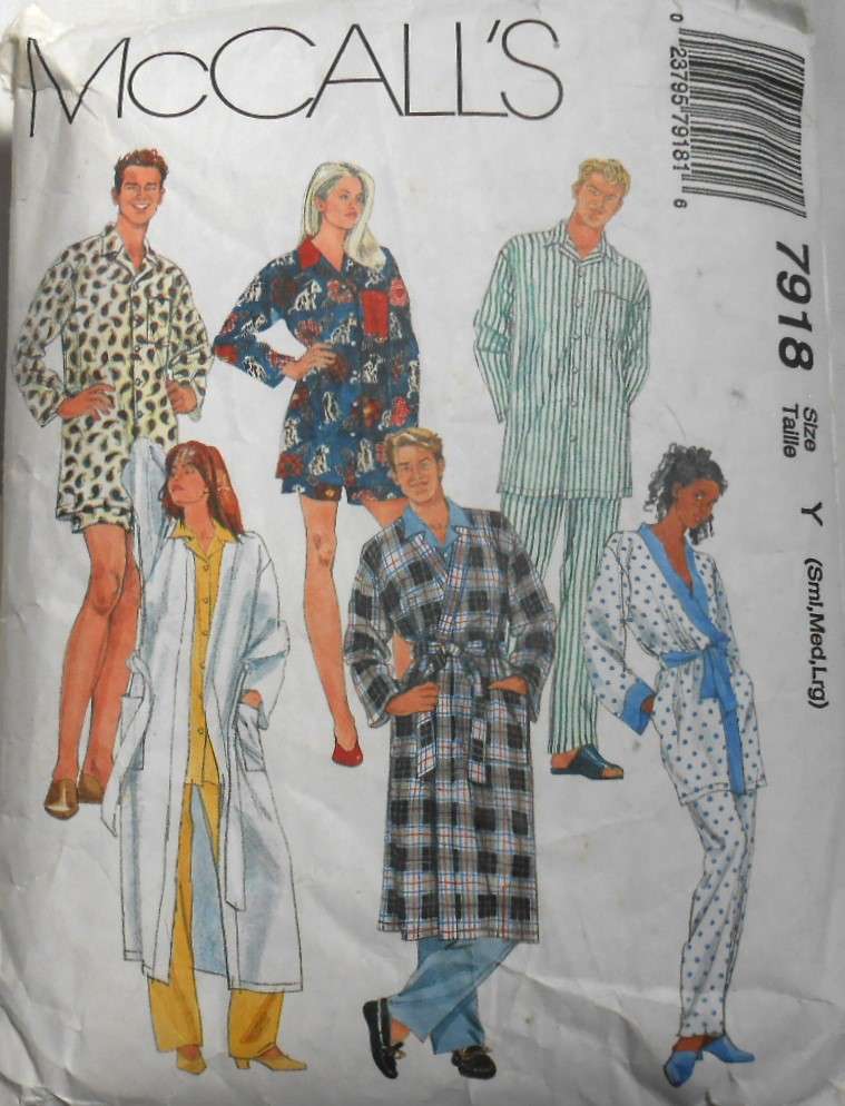 McCALLS 7918 UNISEX WRAP ROBE+TIE BELT-PJ TOP-PULL ON PANTS/SHORTS SIZES-M-L CUT TO S NO SEWING INST