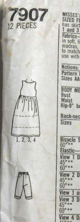 SIMPLICITY 7907 DRESS-BICYCLE SHORTS SIZE PT-M ((301.2"-38)-CUT TO S/M DRESS-BIKE SHORTS PT COMPLETE