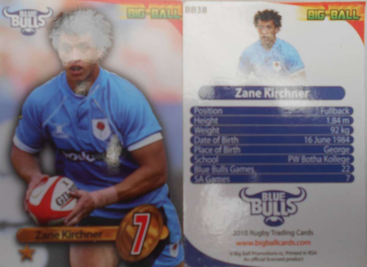 ZANE KIRCHNER - BLUE BULLS 2010 BIG BALL RUGBY TRADING CARDS # BB38