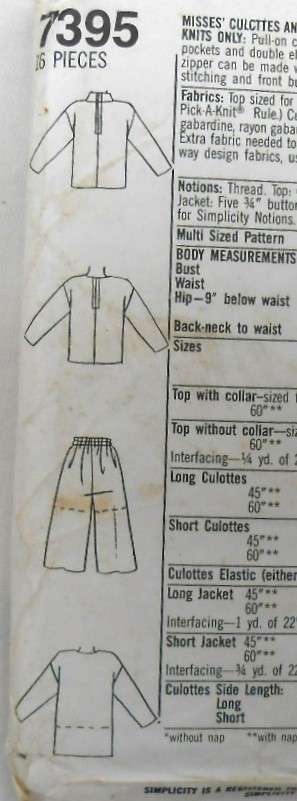 SIMPLICITY 7395 CULOTTES & UNLINED JACKET IN 2 LENGTHS+TOP SIZE PT-XL (6-24) COMPLETE-UNCUT-F/FOLDED