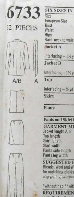 NEW LOOK PATTERNS 6733 TIE JACKET-SKIRT-TOPS- JACKET-PANTS SIZE 8-18 COMPLETE-CUT TO 18