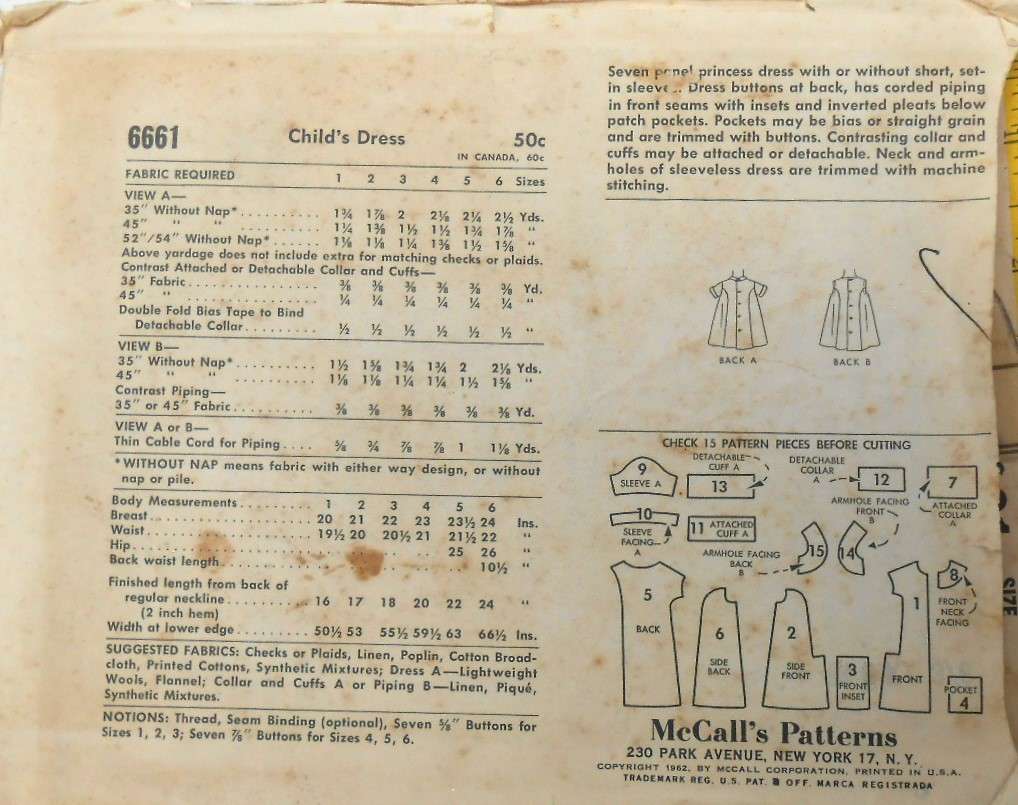 VINTAGE McCall's 6661 TODDLERS DRESS SIZE 2 YEARS -COMPLETE