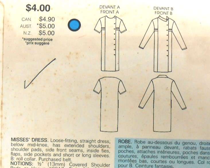 VOGUE 8881 LOOSE FITTING STRAIGHT DRESS SIZE 10 COMPLETE