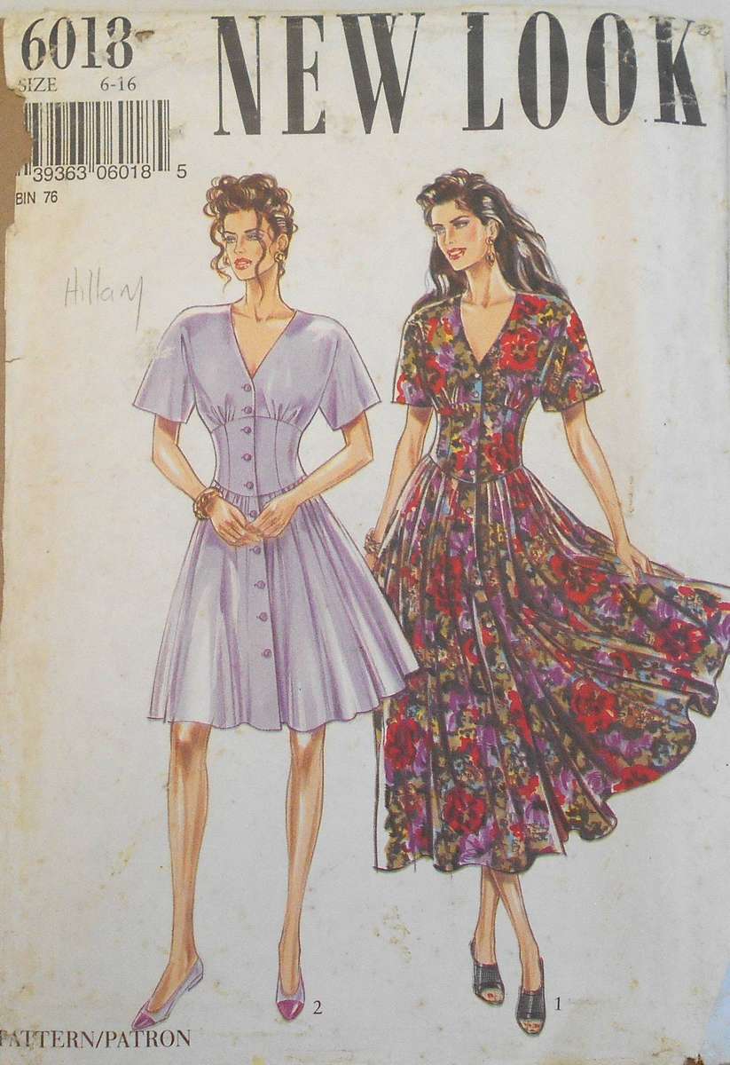 NEW LOOK PATTERNS 6018 V NECK FRONT BUTTON CASUAL FLARED DRESS SIZE 6-16 COMPLETE-UNCUT-F/FOLDED-ENV