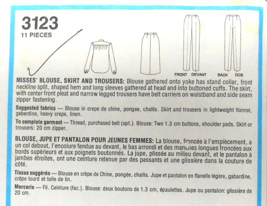 STYLE 3123 BLOUSE-SKIRT-PANTS SIZES-10 BUST 83 CM COMPLETE