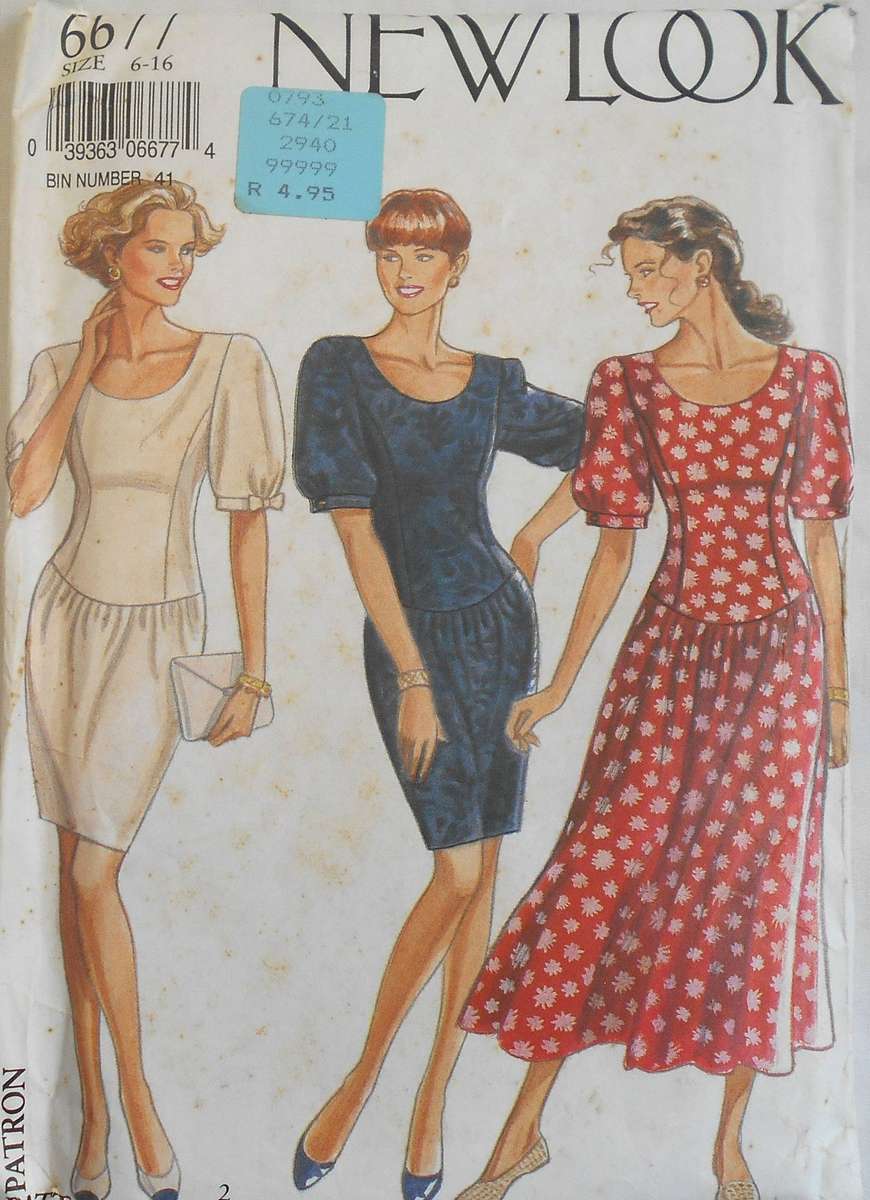 NEW LOOK PATTERNS 6677 HIPSTER DRESS WITH ROUND NECK SIZE 6-16 COMPLETE-UNCUT-F/FOLDED