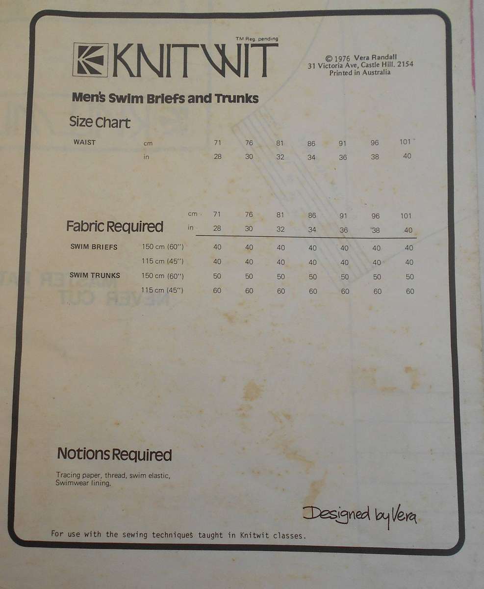 KNITWIT 9600 MEN'S SWIM BRIEFS & TRUNKS PATTERN SIZE WAIST 71 M - 101 CM