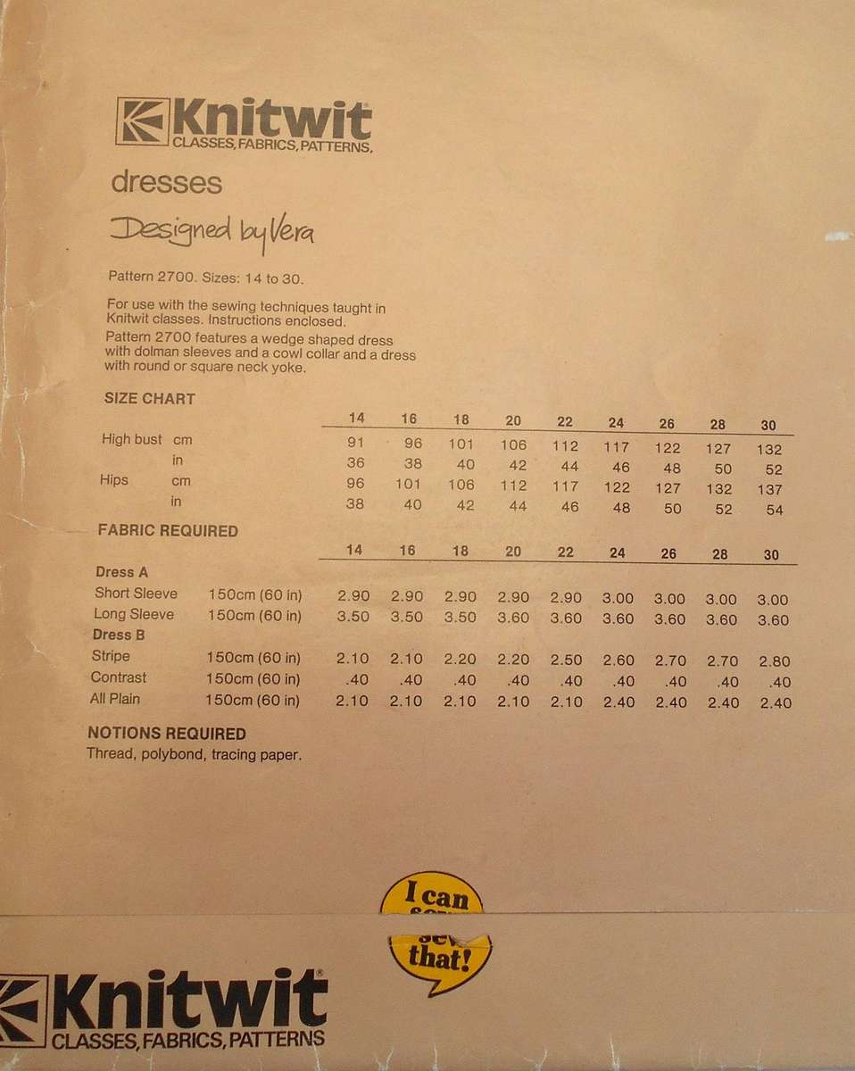 KNITWIT 2700 DRESS LARGE PATTERN SIZE 14 - 30