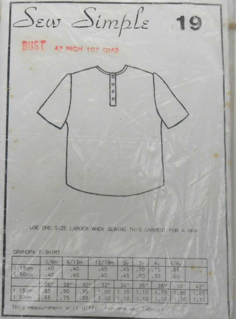 SEW SIMPLE 19 -GRANDPA T-SHIRT SIZE 42" OR 107 CM -COMPLETE