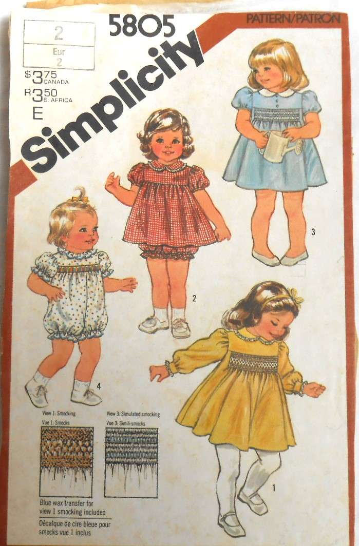 SIMPLICITY 5805 TODDLERS DRESS WITH SMOCKING SIZE 2 YEARS COMPLETE WITH SMOCKING ZIPLOC