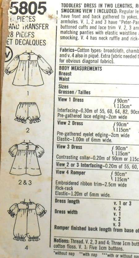 SIMPLICITY 5805 TODDLERS DRESS WITH SMOCKING SIZE 2 YEARS COMPLETE WITH SMOCKING ZIPLOC