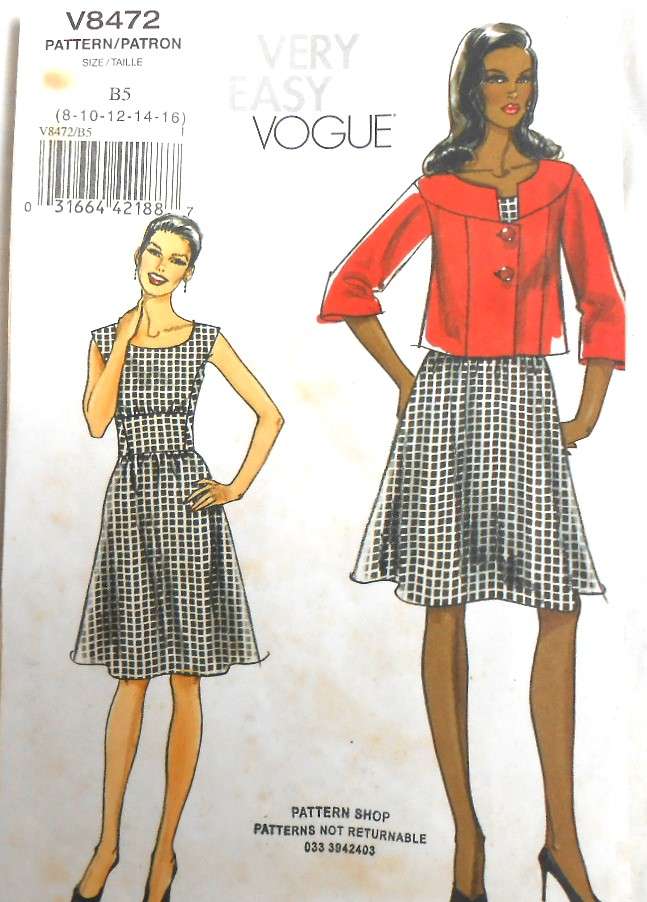 VERY EASY VOGUE V8472 JACKET & DRESS SIZES 8-10-12-14-16 COMPLETE-UNCUT-F/FOLDED-ZIPLOC