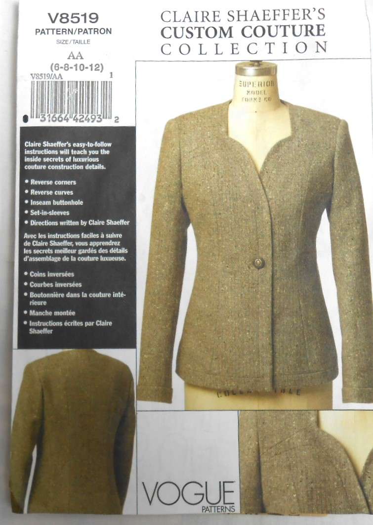 VOGUE V8519 CLAIRE SHAEFFER'S COLLECTION JACKET SIZES 6-8-10-12 COMPLETE-UNCUT-F/FOLDED-ZIPLOC