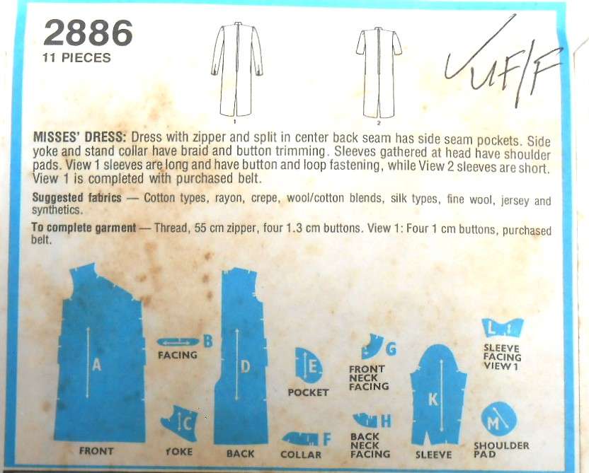 STYLE 2886 DRESS WITH STAND COLLAR SIZE 10-12 COMPLETE-UNCUT-F/FOLDED