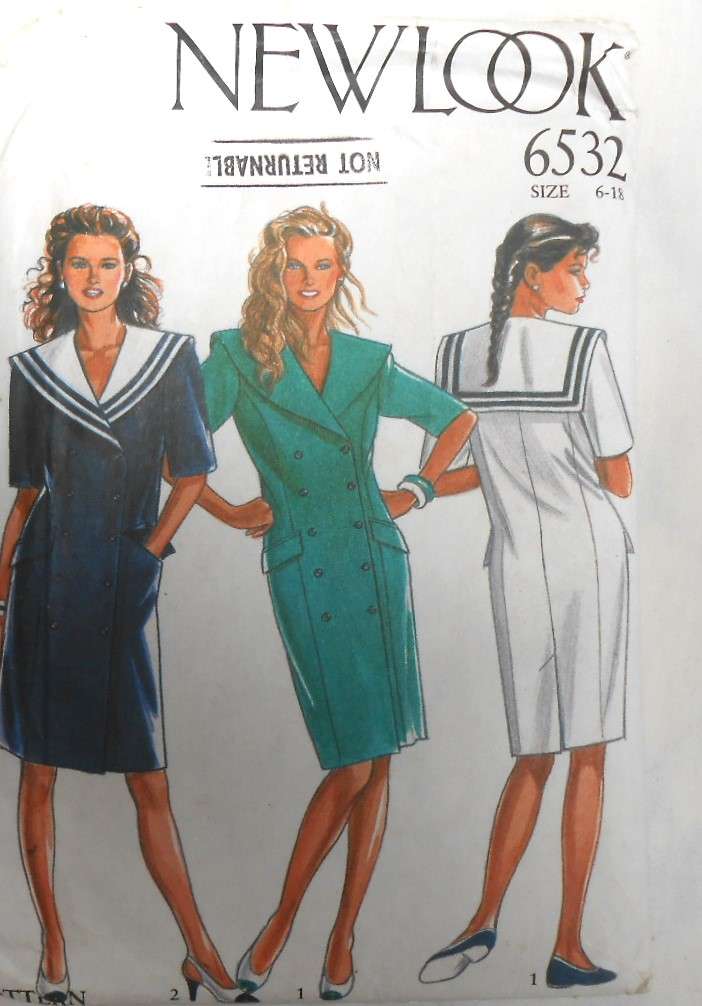NEW LOOK PATTERNS 6532 DRESS WITH LARGE SQUARE BACK COLLAR SIZE 6-18 -COMPLETE-CUT TO 10