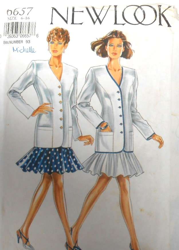 NEW LOOK PATTERNS 6657 V NECK JACKET WITH PLEATED SKIRT SIZE 6-16 - COMPLETE-CUT TO 14