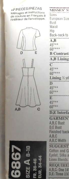 NEW LOOK 6867 SUMMER DRESS-WITH SWEETHEART NECK SHAPED JACKET SIZE 8-18 - COMPLETE-PART CUT 18