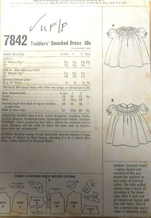 VINTAGE McCALLS  7842 TODDLERS SMOCKED DRESS SIZE- 6 MONTHS COMPLETE-WITH SMOCKING-ZIPLOC