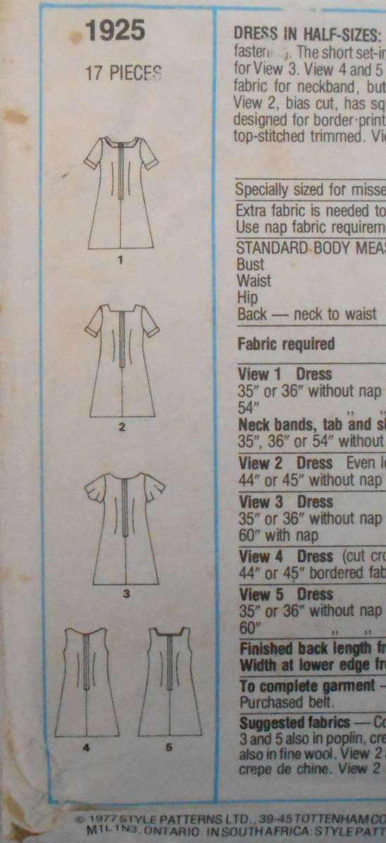 STYLE 1925 SLIGHTLY FLARED DRESS SIZE 16 1/2 COMPLETE