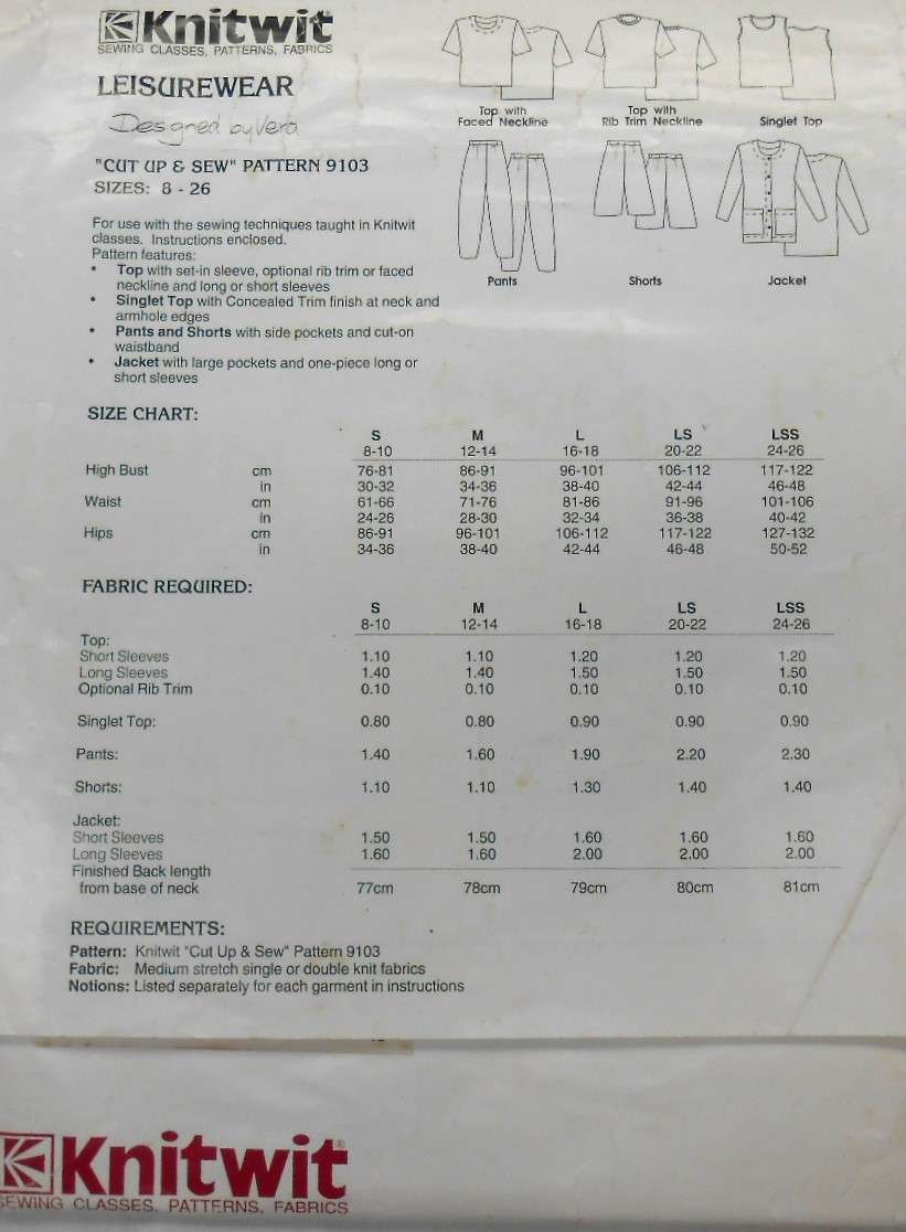 KNITWIT 9103 LEISUREWEAR-TOPS-PANTS-SHORTS-JACKET/TOP SIZES 8 - 26