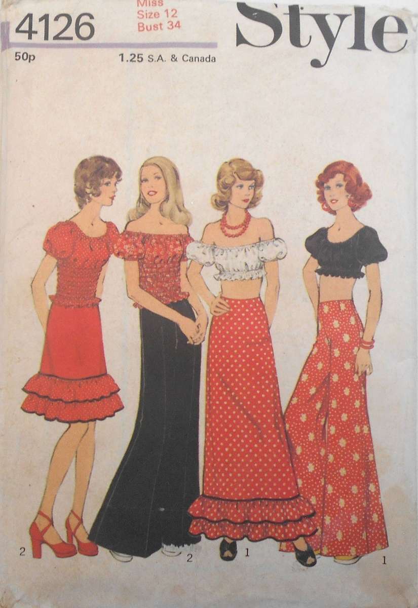 VINTAGE STYLE 4126 TIERED SKIRT-RUCHED BLOUSE-PANTS SIZE 12 BUST 34 COMPLETE-UNCUT-F/FOLDED