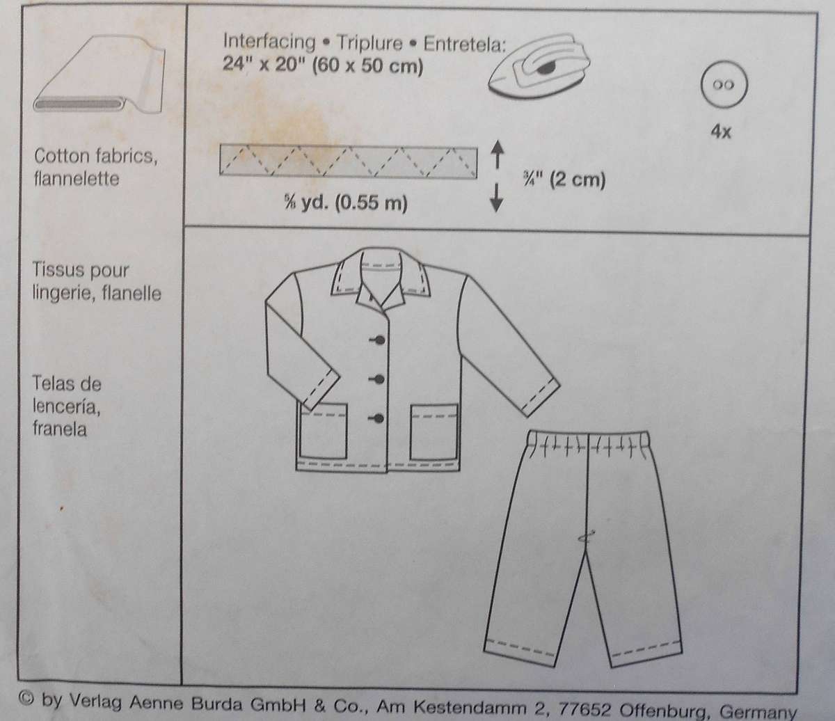 BURDA 2639 KIDDIES PJS SIZE 6M - 2 YEARS COMPLETE-CUT TO 2 YEARS - POCKET NOT SUPPLIED