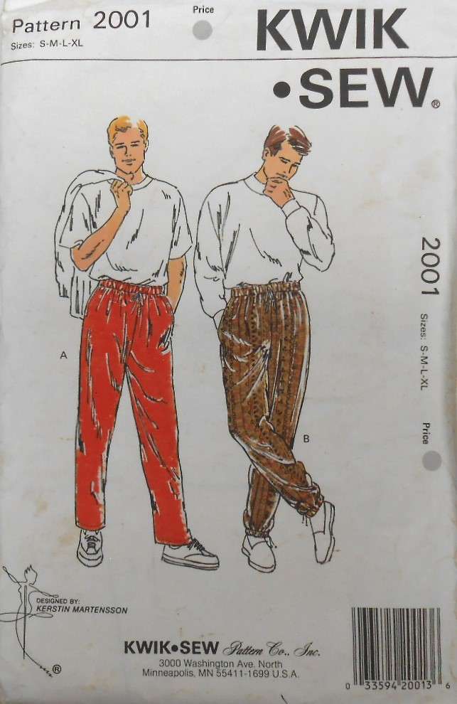 KWIK SEW 2001 MENS PULL ON PANTS SIZE S-M-L-XL (28-42) COMPLETE CUT TO XL 40-42