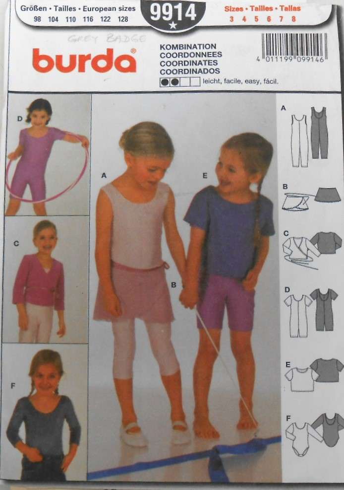 BURDA 9914 GIRLS UNITARD-SKIRT-WRAP TOP-LEOTARD SIZE 3-8 YEARS COMPLETE CUT TO 8 YEARS-ZIPLOC