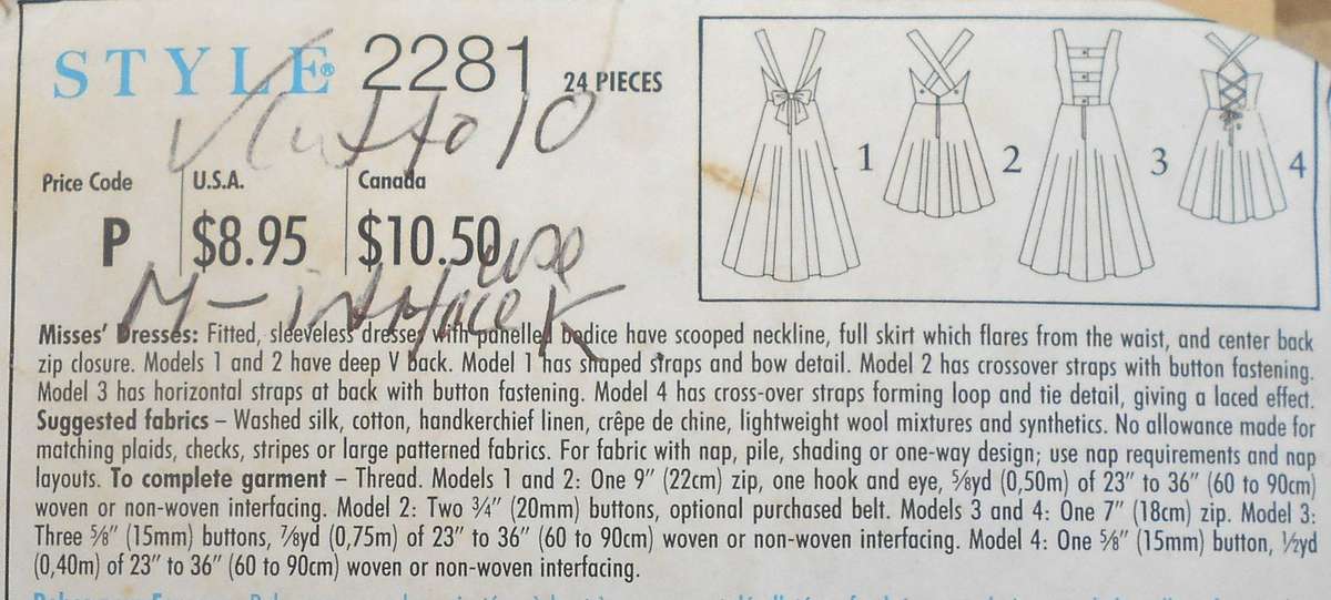 STYLE 2281 FITTED SLEEVELESS DRESSES WITH VARIOUS BACK FEATURE SIZES 6-16 COMPLETE CUT TO 10