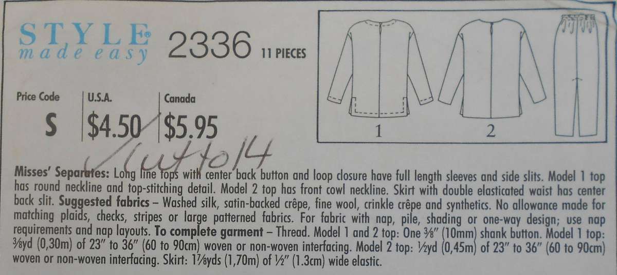 STYLE 2336 LONG LINE TOPS WITH SLITS AND SLEEVES & PULL UP SKIRT SIZE 8-18 COMPLETE CUT TO 14
